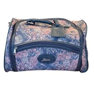 Vintage Skyway Floral Tapestry Travel Bag Blue Pink Roses Weekender Carry On 80s